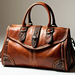**  "Upcycled leather handbag made from an old leather skirt, displayed prominently.  Fashionable and unique, with visible stitching and details.  Bright, inviting studio lighting."

**