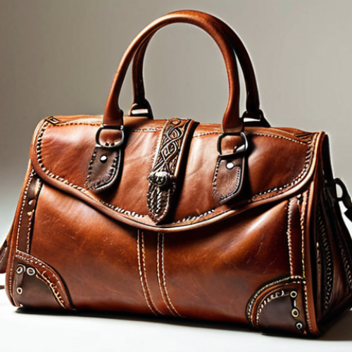 **  "Upcycled leather handbag made from an old leather skirt, displayed prominently.  Fashionable and unique, with visible stitching and details.  Bright, inviting studio lighting."

**