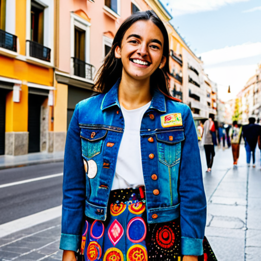 업사이클링 패션 브랜드 - **

A vibrant and colorful street style photograph showcasing a young woman in Madrid wearing a uniq...