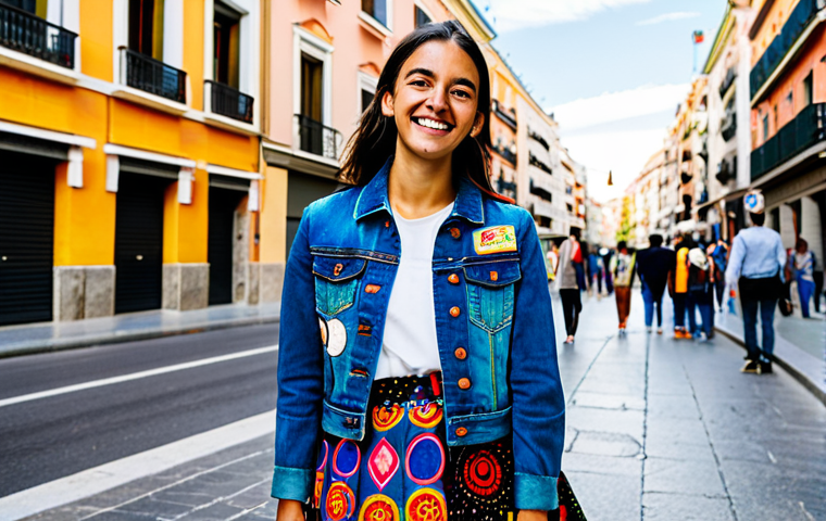 업사이클링 패션 브랜드 - **
A vibrant and colorful street style photograph showcasing a young woman in Madrid wearing a uniq...