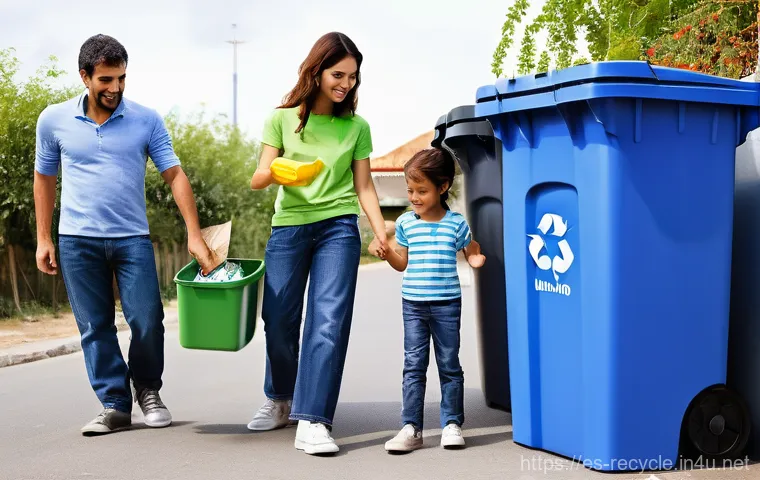 재활용센터 이용 가이드 - **"Punto Limpio" Family Recycling Day:**
A vibrant and clean image of a diverse Spanish family –...