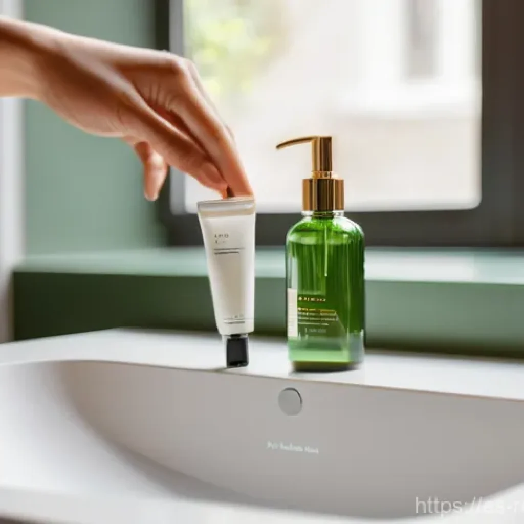 재활용 가능한 화장품 용기 - **Sustainable Beauty Ritual: The Refill Moment**
    A close-up, high-angle shot focusing on elegant...