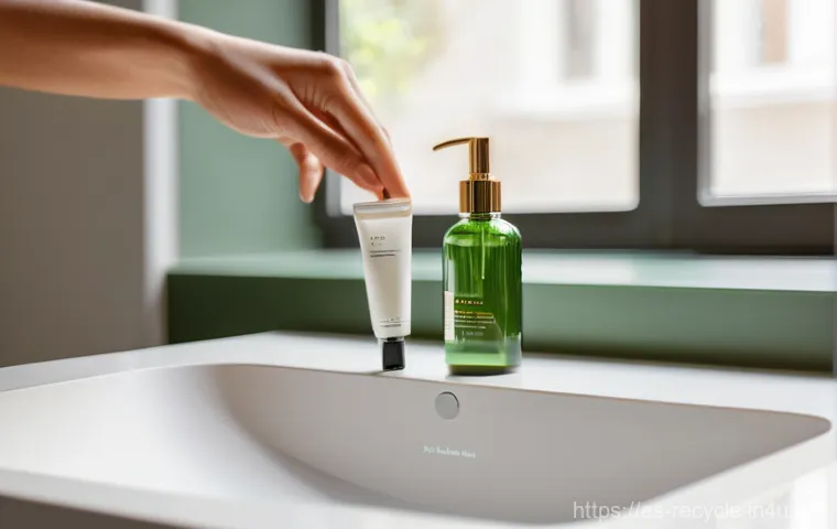 재활용 가능한 화장품 용기 - **Sustainable Beauty Ritual: The Refill Moment**
A close-up, high-angle shot focusing on elegant...