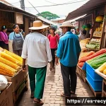 친환경 포장재 트렌드 - A vibrant market scene in Latin America showcasing eco-friendly packaging materials: biodegradable b...