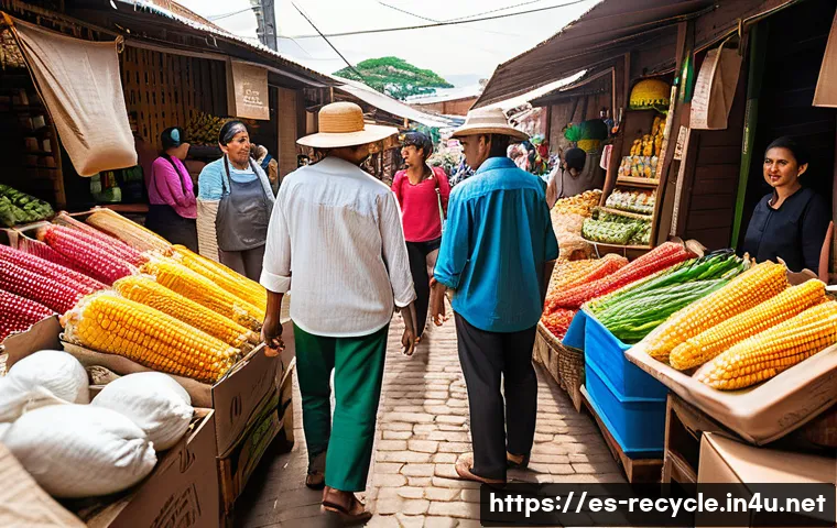 친환경 포장재 트렌드 - A vibrant market scene in Latin America showcasing eco-friendly packaging materials: biodegradable b...