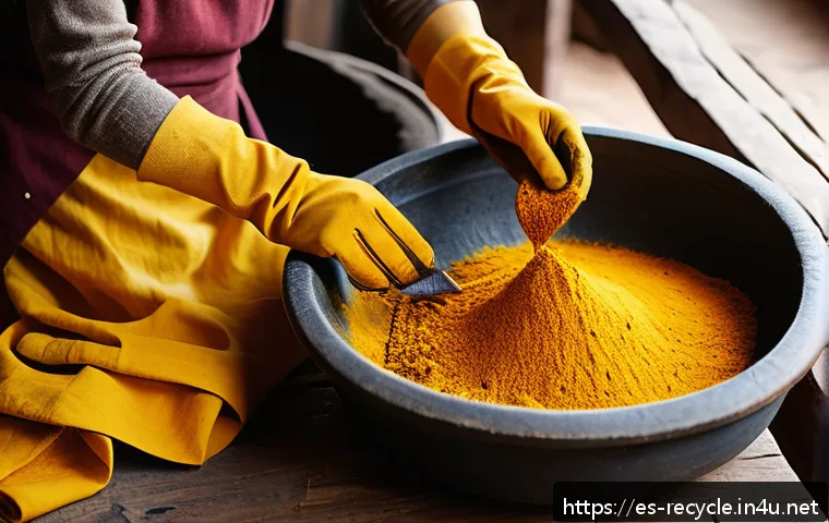 천연 염색 방법 - A vibrant artisanal workshop scene featuring a woman wearing modest, comfortable clothing and gloves...