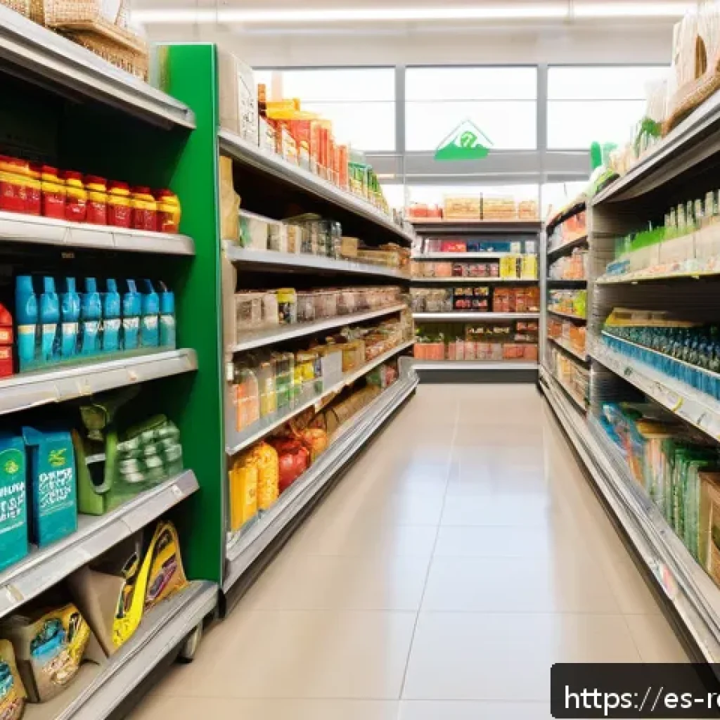 재활용 제품의 친환경 인증 - A vibrant supermarket aisle in Spain showcasing a variety of eco-labeled recycled products such as c...