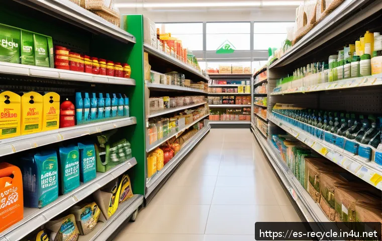 재활용 제품의 친환경 인증 - A vibrant supermarket aisle in Spain showcasing a variety of eco-labeled recycled products such as c...