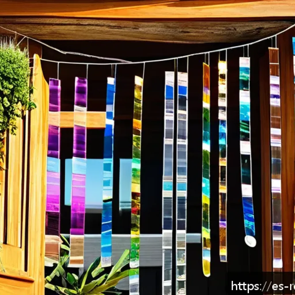 사용하지 않는 CD 재사용 - A charming balcony scene featuring a handmade mobile composed of recycled CDs hanging from thin tran...