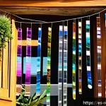 사용하지 않는 CD 재사용 - A charming balcony scene featuring a handmade mobile composed of recycled CDs hanging from thin tran...