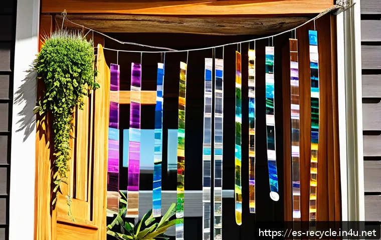 사용하지 않는 CD 재사용 - A charming balcony scene featuring a handmade mobile composed of recycled CDs hanging from thin tran...