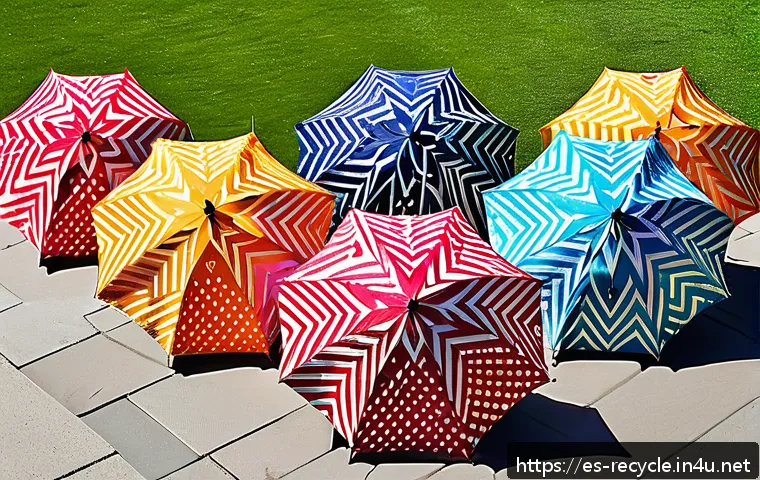 고장난 우산 재사용 - A vibrant, eco-friendly reusable shopping bag made from recycled umbrella fabric, showcasing a water...
