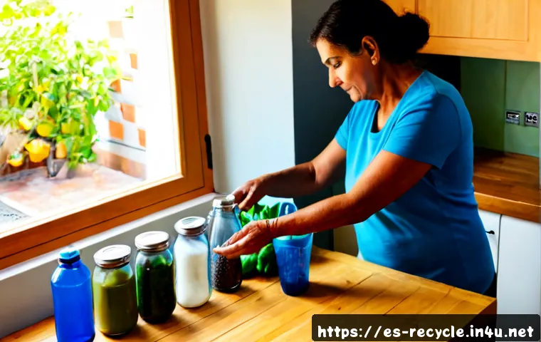 Home 17 플라스틱 사용 줄이는 방법 - Photorealistic bright Spanish home kitchen, a middle-aged woman placing fresh produce into reusable ...